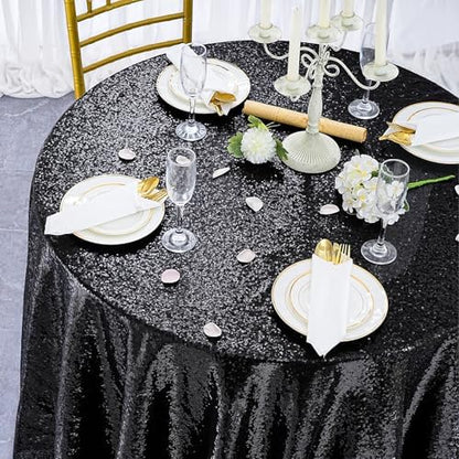 B-COOL Round Tablecloth 120 Inch Black Sequin Table Cloth Glitter Table Cover for Holiday Banquet Dining Wedding Halloween Christmas Party Decoration