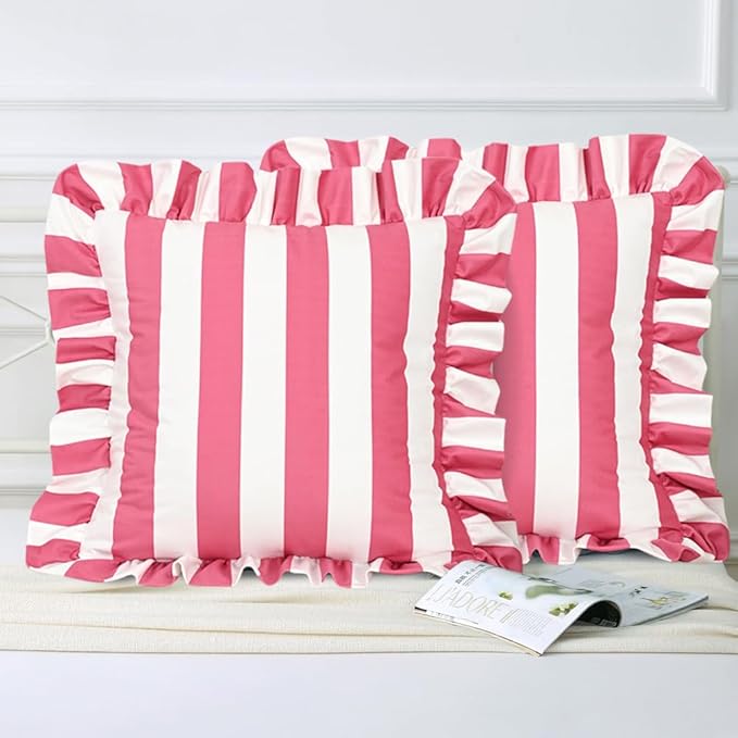 vctops Ruffle Square Throw Pillow Covers Boho Pink and White Striped Decorative - Image 4