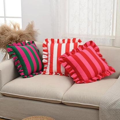 vctops Ruffle Square Throw Pillow Covers Boho Pink and Red Striped Decorative - Image 4