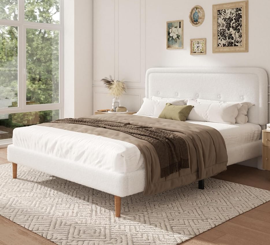 king size boucle bed frame with adjustable headboard, close-up detail