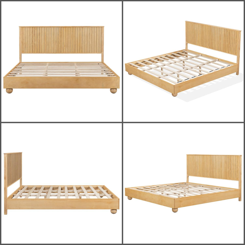 Merax King Size Bed Frame with Reeded Headboard, Natural Wood Platform Bed Fr...