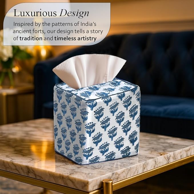 CPC Apatite Blue Hand Block Printed Cotton Tissue Box Cover 5" x 5" x 5.5" - Image 2
