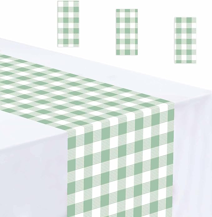 3 Pcs Sage Green and White Checkered Table Runner Plastic 14 x 108 Disposable by MUNILAIL