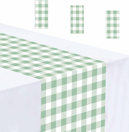 3 Pcs Sage Green and White Checkered Table Runner Plastic 14 x 108 Disposable by MUNILAIL