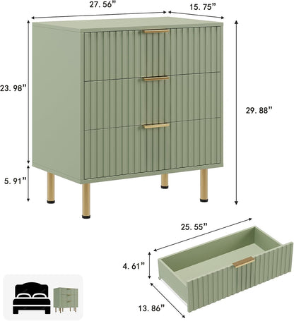 garveehome fluted green 3 drawer dresser for bedroom shown in use