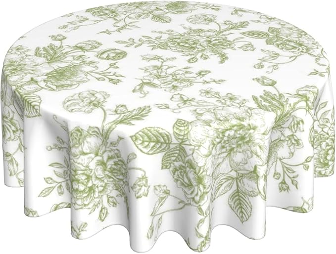Sage Green Floral Tablecloth Round 70×70 Inch by QANOK