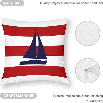 Myshe Square Nautical Navy Blue Sailboat On Red Stripes Throw Pillow Cover - Image 3