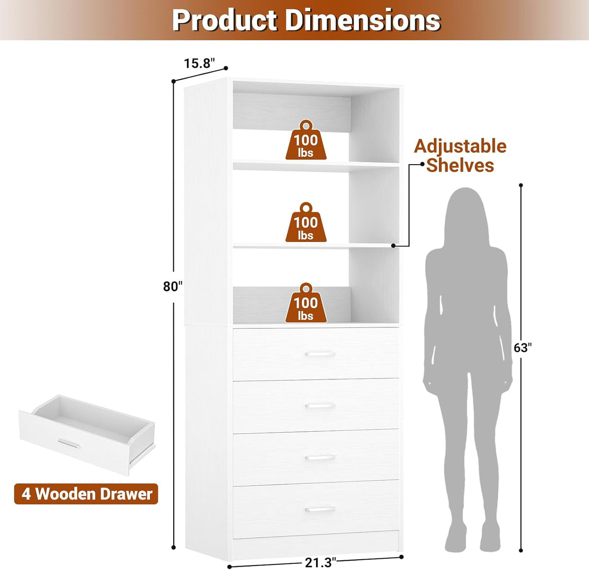 aheaplus closet drawers system, 21.3" wood closet organizer, close-up detail