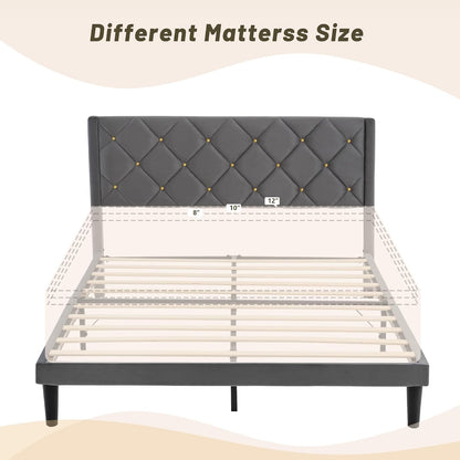 queen size platform bed frame with velvet headboard on a desk or shelf