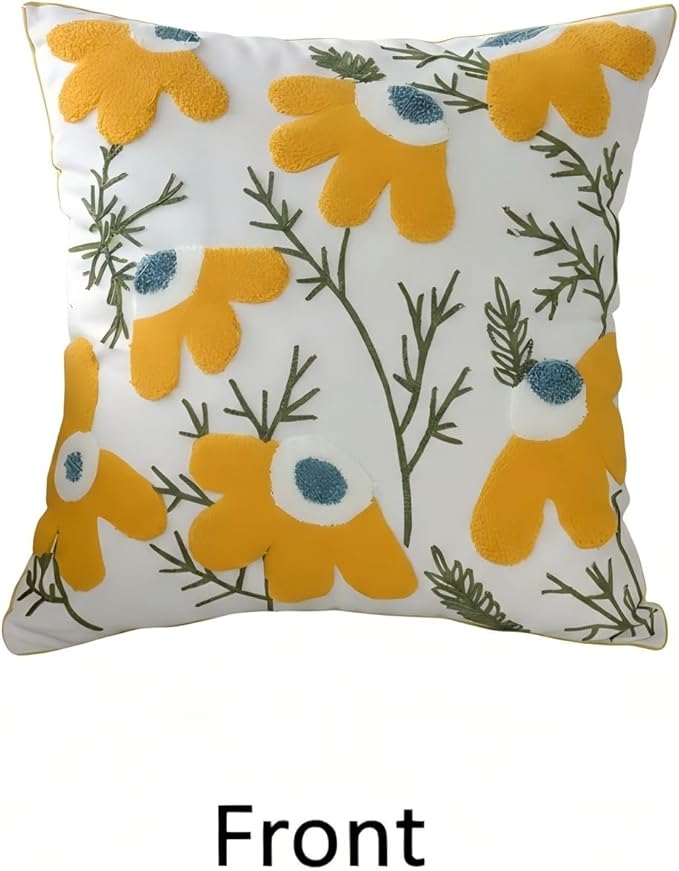 18x18 Embroidered Throw Pillow Covers Set – Yellow Daisy Cotton Decorative - Image 2