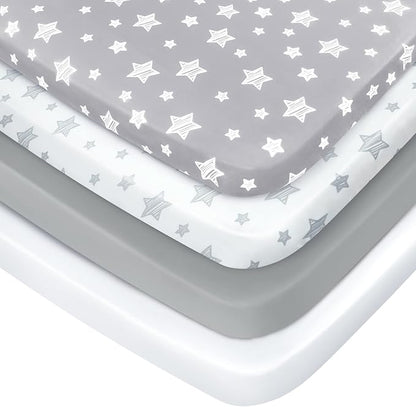 Pack and Play Sheets, 4 Pack Mini Crib Sheets, Stretchy Pack n Play Playard by Moonsea