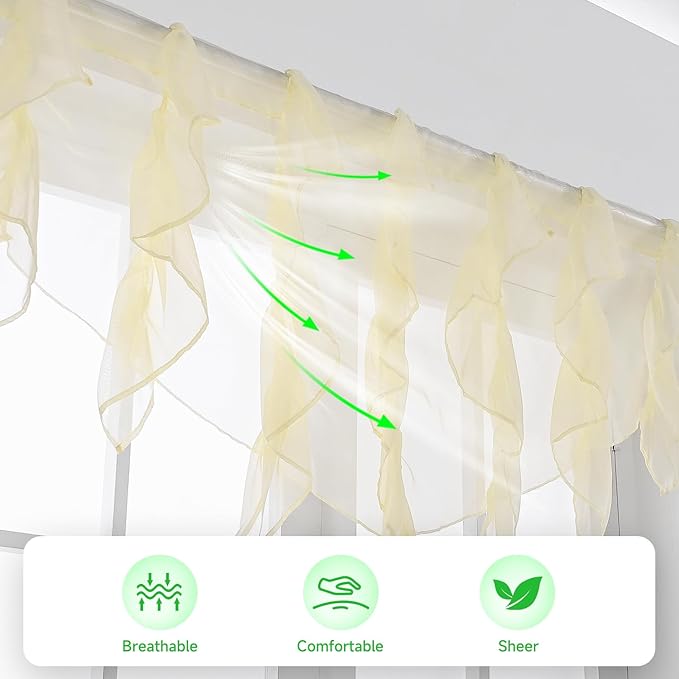 PearAge Ruffled Voile Semi Sheer Curtain Valance, Kitchen Living Room Shabby - Image 3