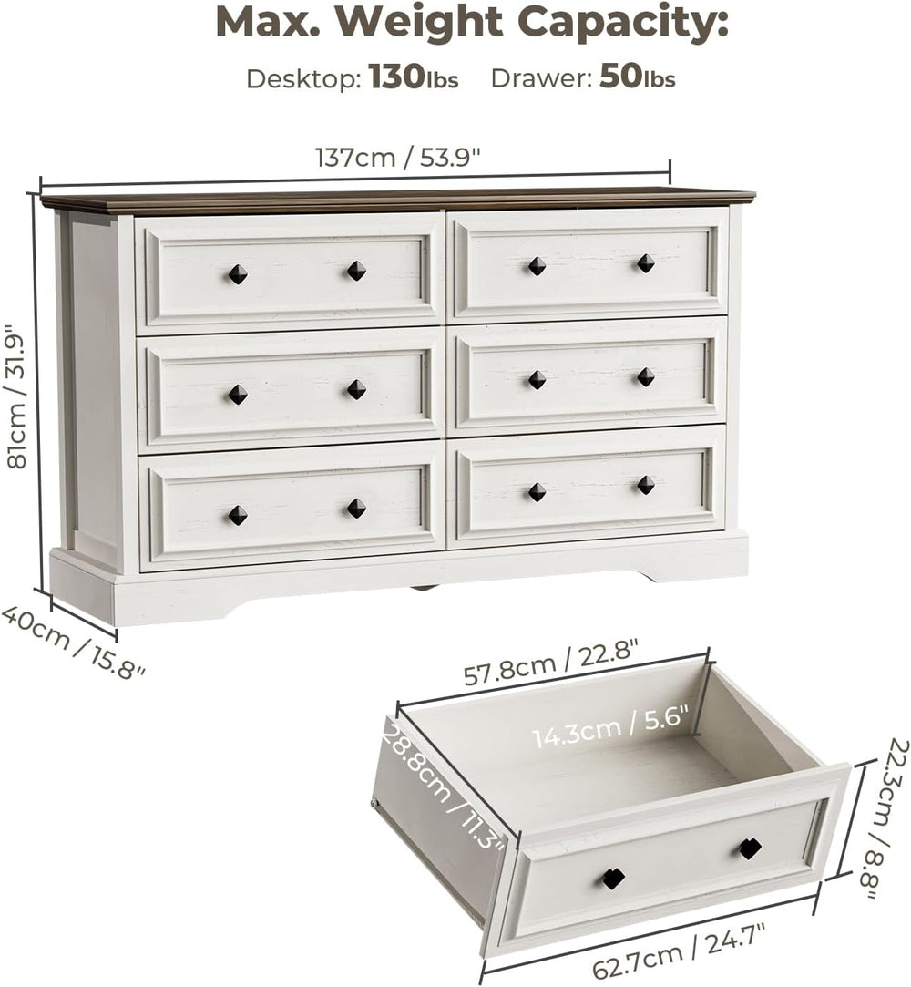 VVFLU Farmhouse 6 Drawer Dresser for Bedroom, 54" Wide Wood Dresser with...