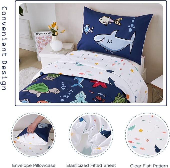 PERFEMET 4 Pieces Toddler Bedding Ocean Animal Printed Toddler Comforter Set - Image 5