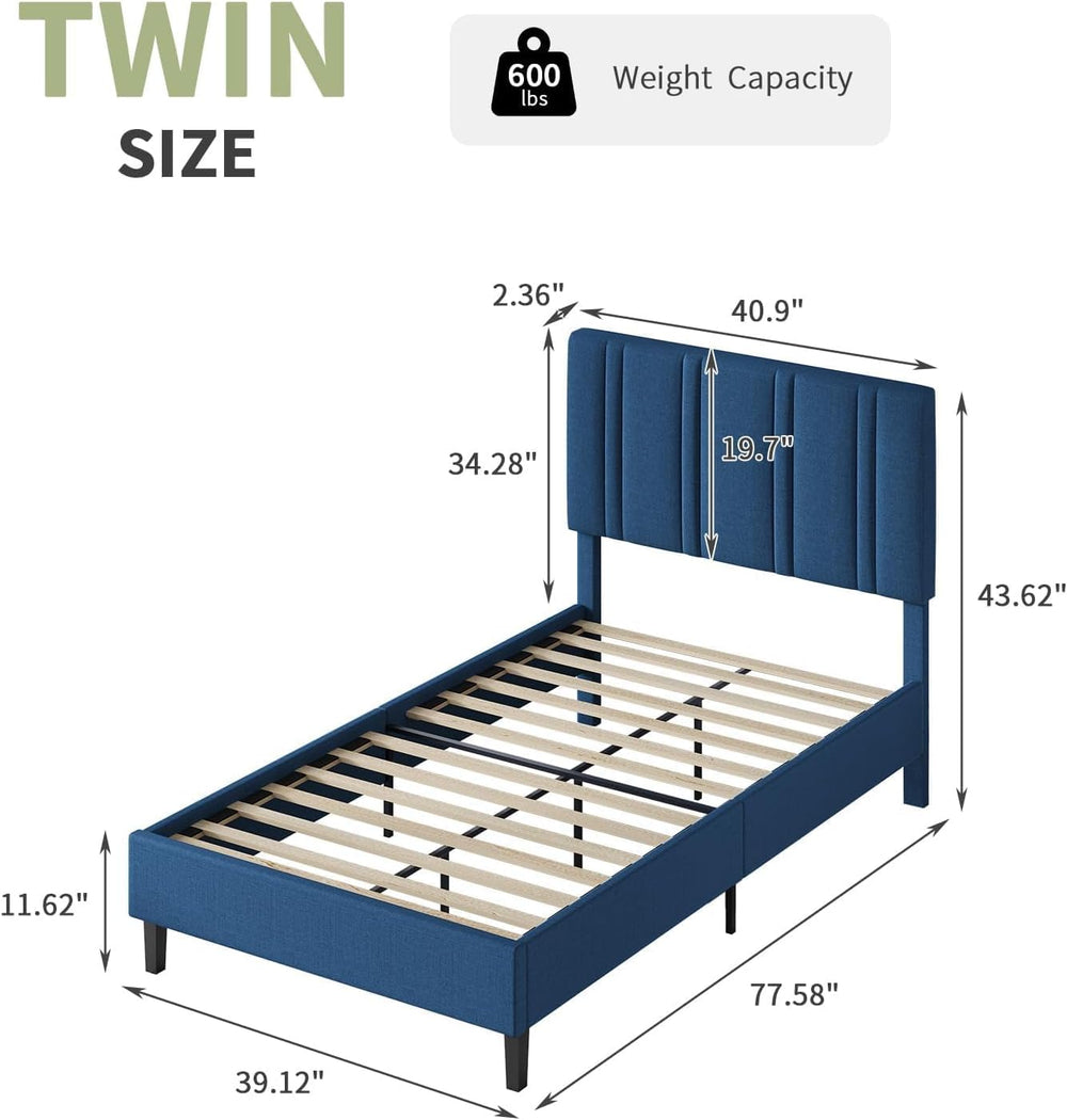 Lullabyre Twin Bed Frame with Adjustable Upholstered Headboard, Linen Fabric ...