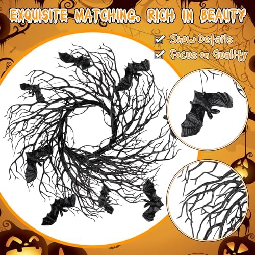 Yunlly 4 Pcs Halloween Candle Rings Wreath Black Black Twig Bat, Bat