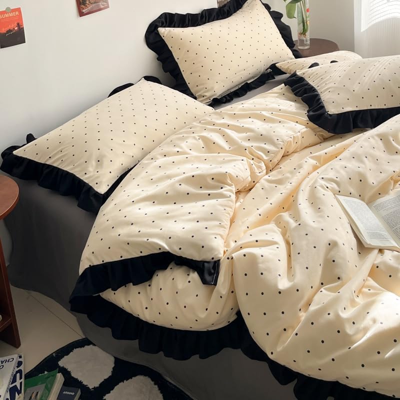 INFLAG Ruffle Duvet Cover 100% Washed Cotton Vintage Bow Duvet Cover with Zipper Ties, Soft Farmhouse Flower Bedding Set (02,Full/Queen 80"x90")