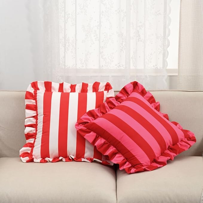vctops Ruffle Square Throw Pillow Covers Boho Red and White Striped Decorative - Image 3