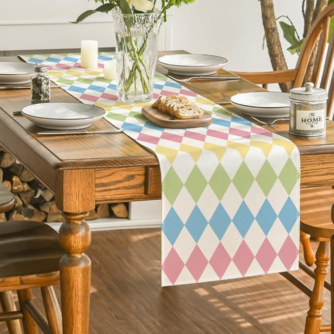 Artoid Mode Diamond Plaid Pink Blue Easter Table Runner, Seasonal Spring Summer - Image 4