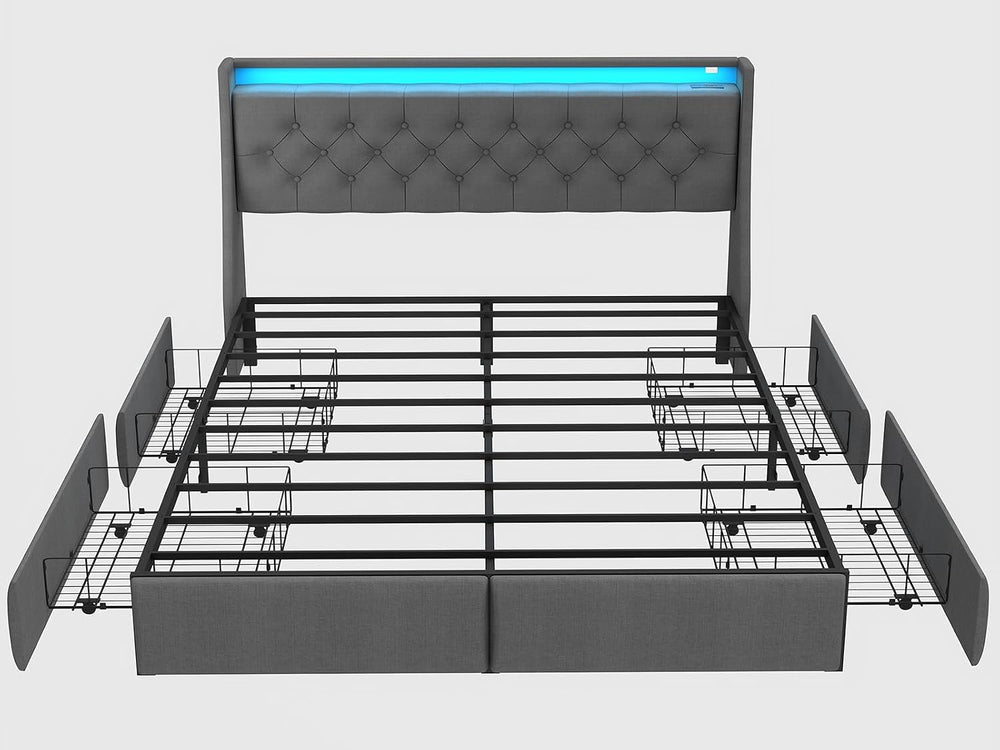 SADENICEL Queen Bed Frame with 4 Storage Drawer, Queen Size Bed Frame, Grey