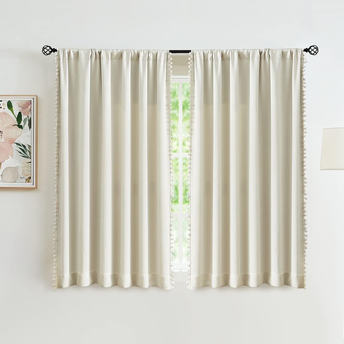 Treatmentex Pom Pom Blackout Curtains Ivory Curtains for Nursery Room Darkening Curtain Drapes 54" Short Window Curtain Set for Living Room Bedroom 2 Panels