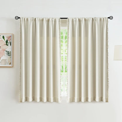 Treatmentex Pom Pom Blackout Curtains Ivory Curtains for Nursery Room Darkening Curtain Drapes 54" Short Window Curtain Set for Living Room Bedroom 2 Panels