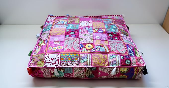 CRAFT KALA Indian Square Patchwork Traditional Pouf Cover Indian Living Room by CRAFTKALA