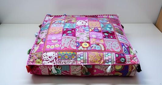 CRAFT KALA Indian Square Patchwork Traditional Pouf Cover Indian Living Room by CRAFTKALA
