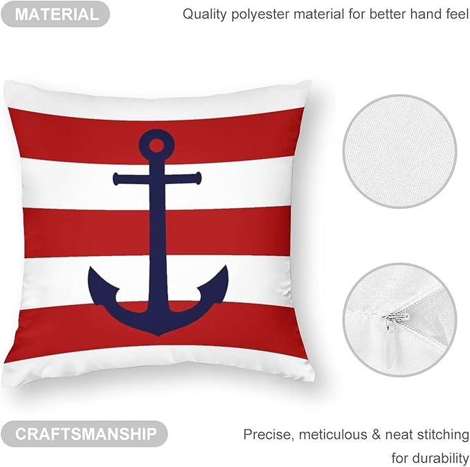 Myshe Square Nautical Navy Blue Anchor On Red Stripes Throw Pillow Cover - Image 3