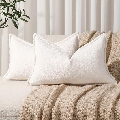 Pack of 2 Cream White Decorative Throw Pillow Covers 12x20 Cozy Soft Chenille by DEZENE