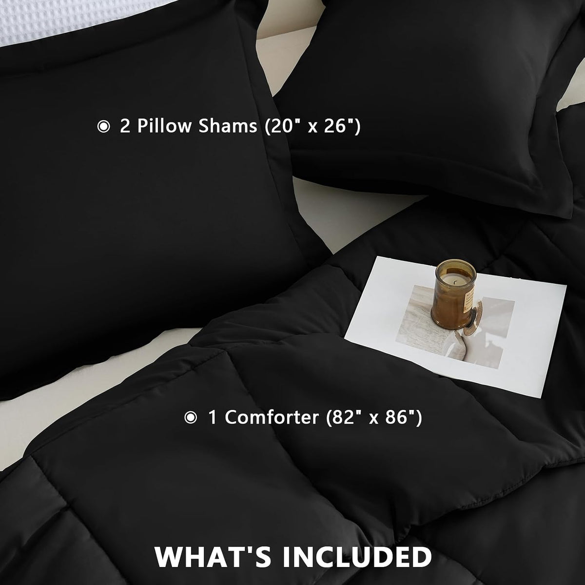 cozylux full size comforter sets, 3-piece box-stitched, black, package contents