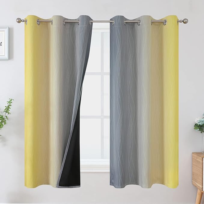Ombre Gray and Yellow Blackout Curtains 63 Inch Length 2 panels, Full Room by ESTELARTEXTILER