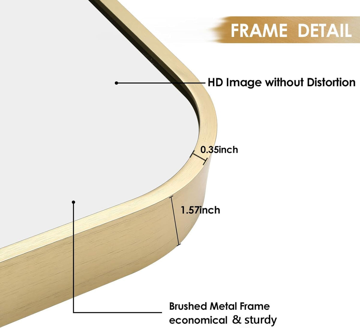 24x36 inch gold bathroom mirror, brushed brass gold, side view