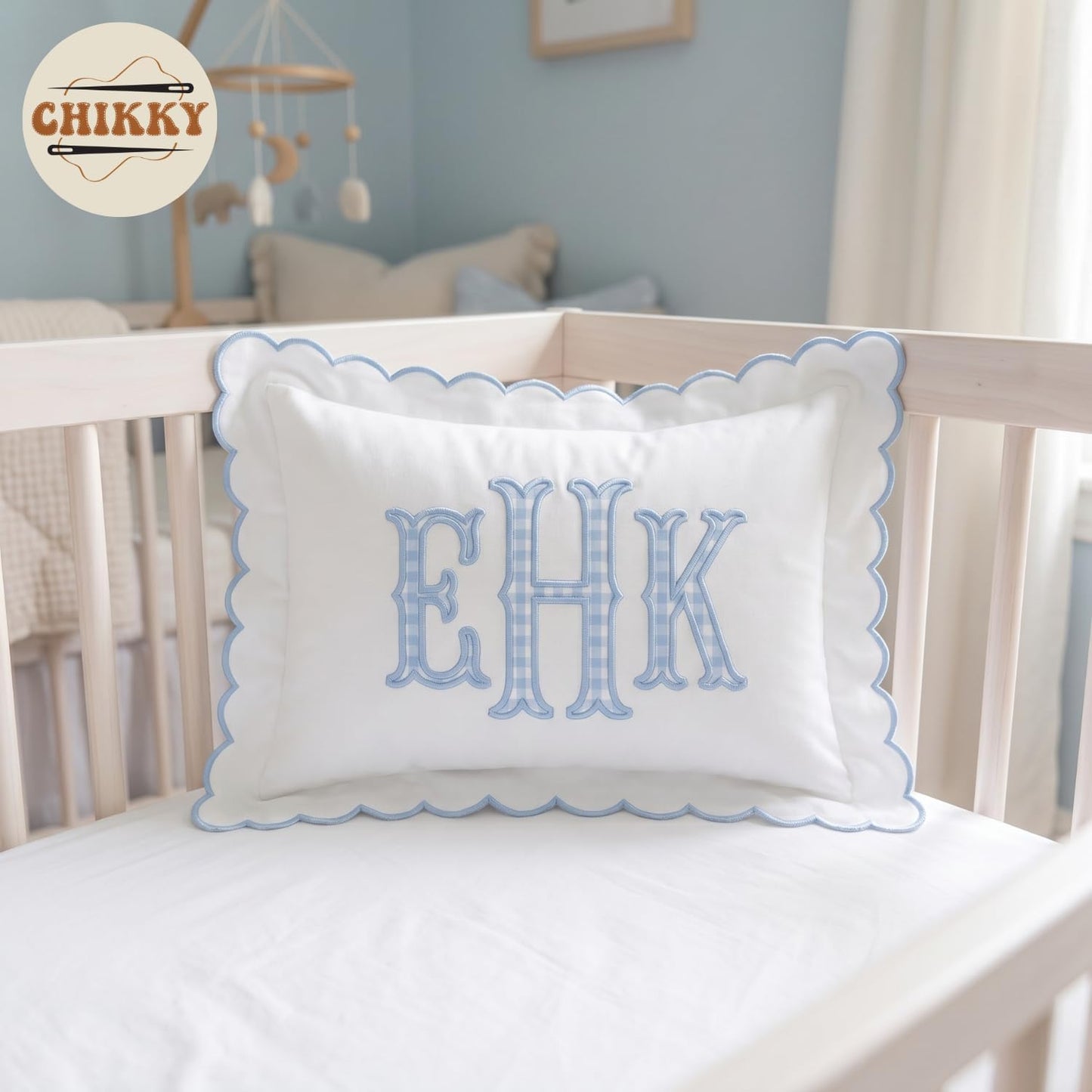 Personalized Baby Pillowcase - Custom Monogrammed Toddler Pillow Cover with Scalloped Edge for Nursery Decor, 05