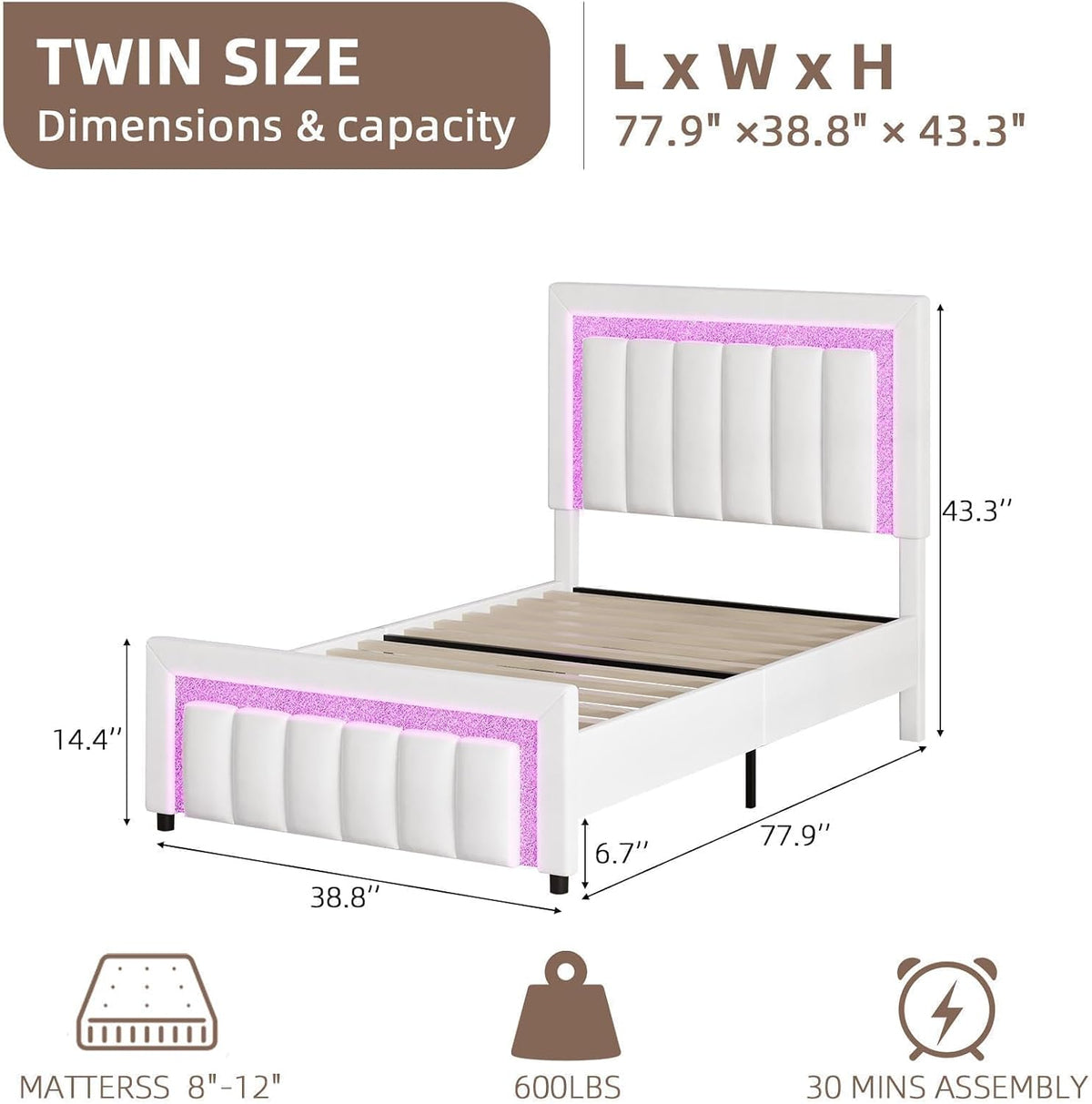 hombck twin bed frame with led lights and shown in use