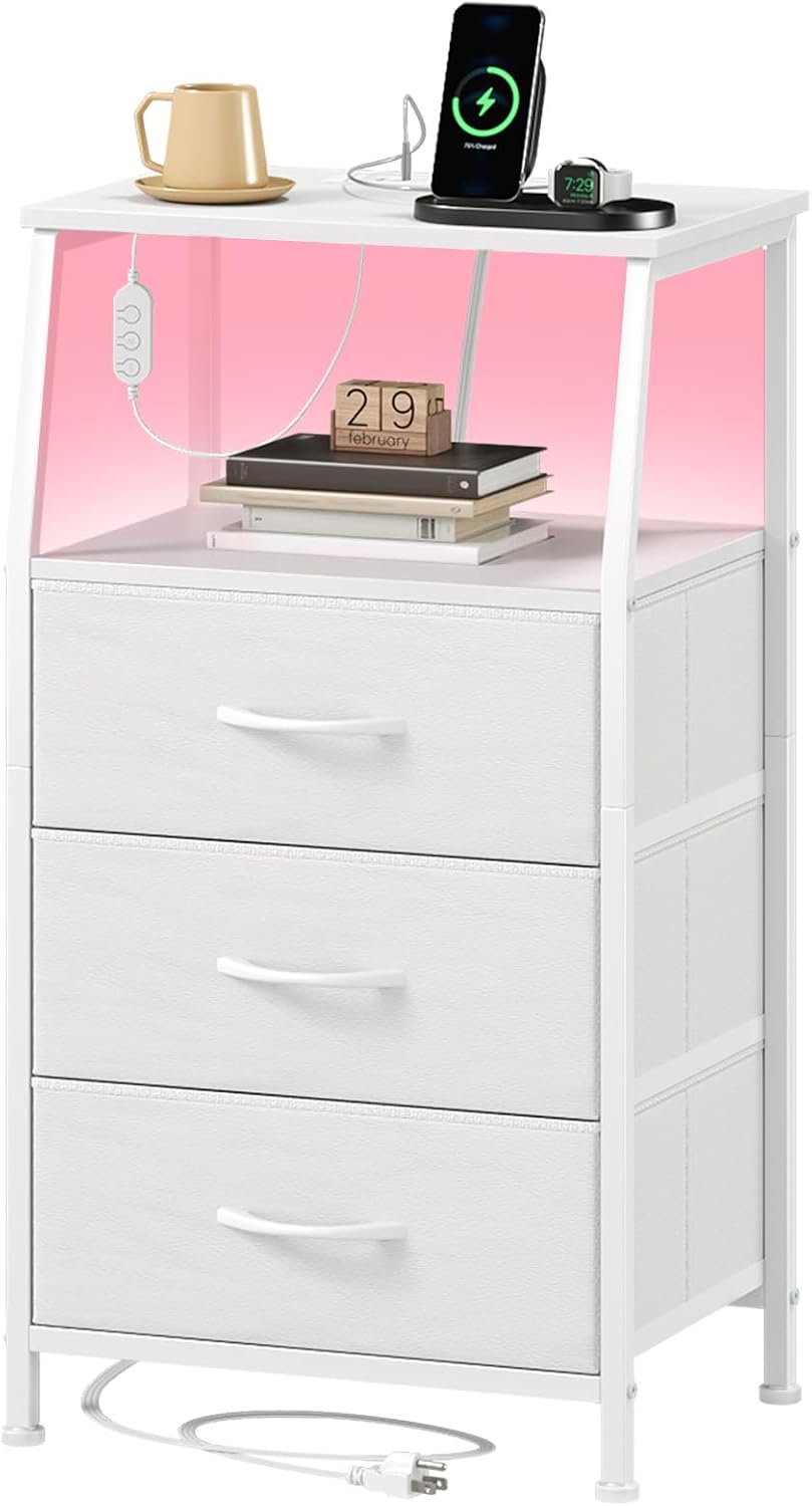 Somdot Nightstand with Charging Station, Smart LED Light, 3 Fabric Drawers