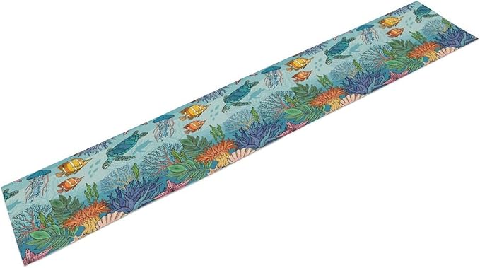 Coastal Table Runner, Ocean Nautical Coral Starfish Seashell Sea Turtle Table - Image 6