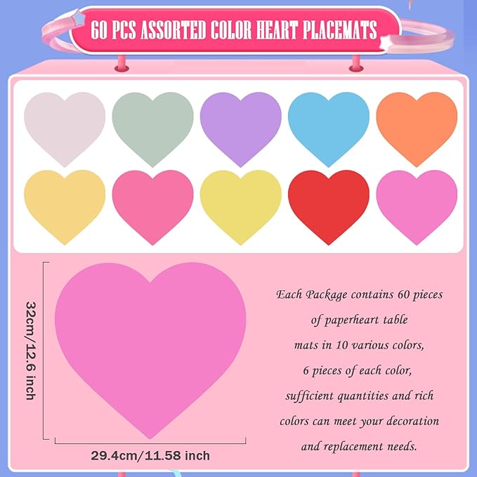 FOBSME 60 Pack Valentine's Day Heart Shape Placemats Paper Love Heart Table - Image 2