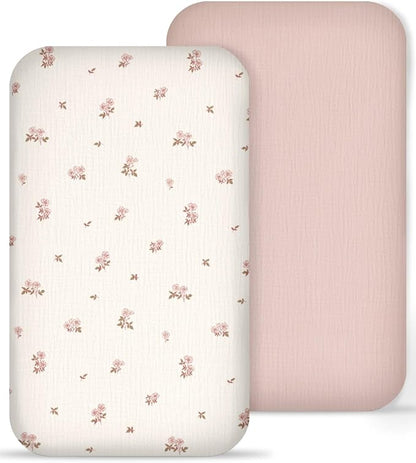 Muslin Bedside Bassinet Sheets 2 Pack, 33x20 Fitted Ultra Soft & Breathable by Meowcards