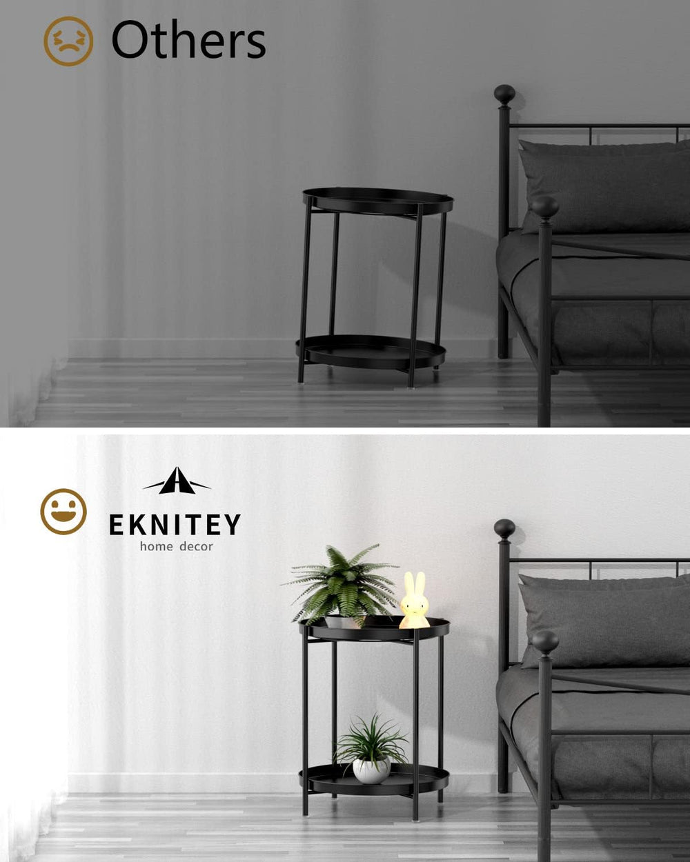 EKNITEY 2 Tier End Table - Metal Side Table with Removable Tray (Black)