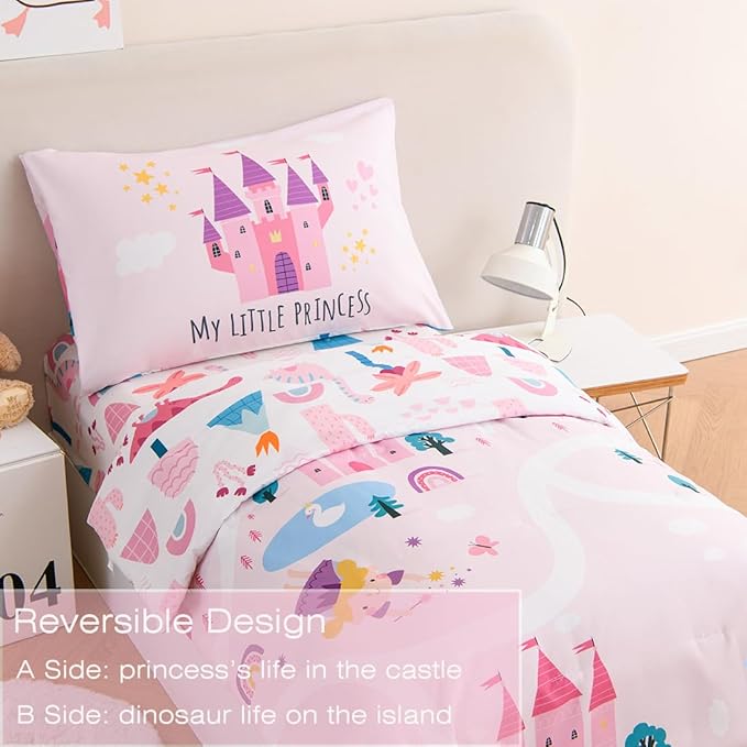 PERFEMET 4 Pieces Girls Toddler Bedding Set Pink Castle Fairy Tales Toddler - Image 3
