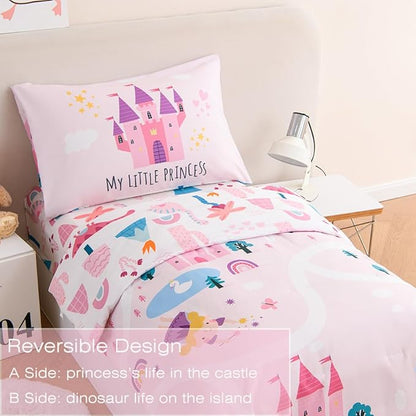 PERFEMET 4 Pieces Girls Toddler Bedding Set Pink Castle Fairy Tales Toddler - Image 3
