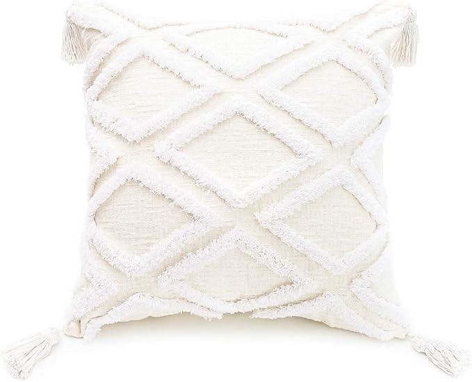 Boho White Throw Pillow Cover 18x18 Inch by PLWORLD
