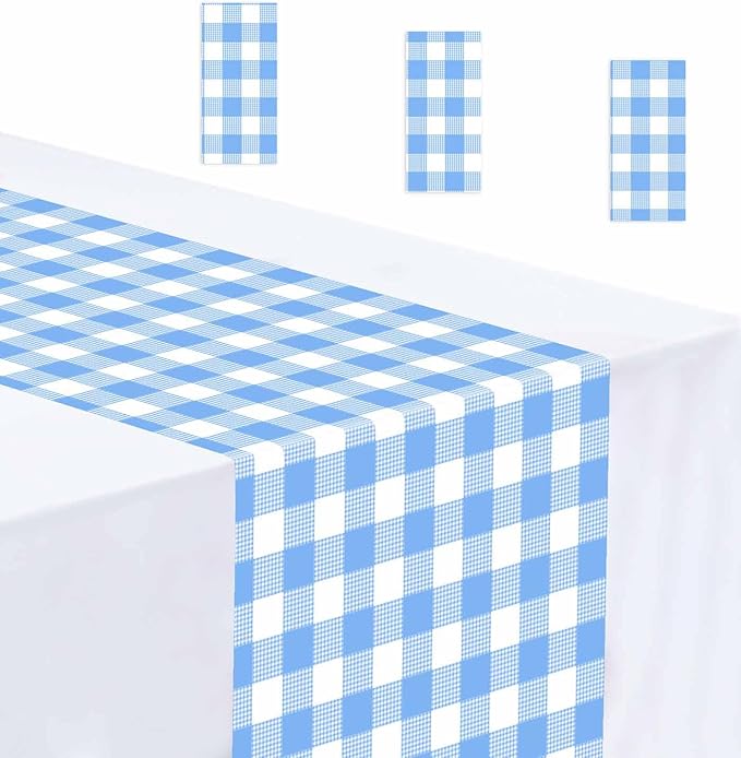 3 Pcs Light Blue and White Checkered Table Runner Plastic 14 x 108 Disposable by MUNILAIL
