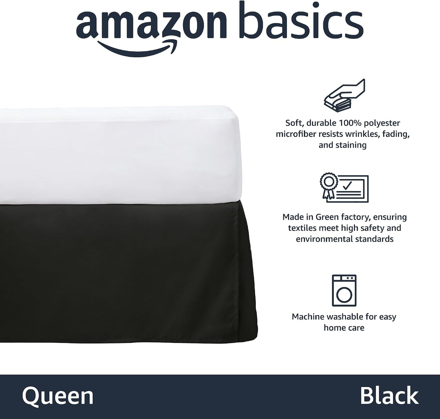 Amazon Basics Lightweight Pleated Bed Skirt, Machine Washable, Wrinkle and Fade Resistant, Queen, Black