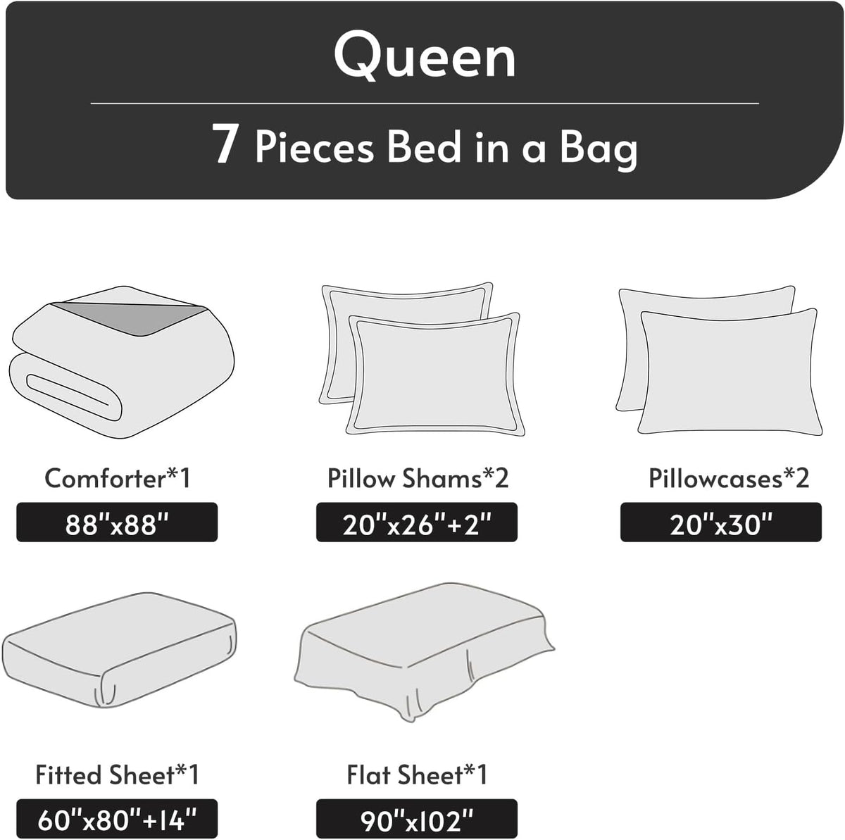 queen comforter set 7 pieces, reversible bed in showing dimensions