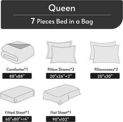 queen comforter set 7 pieces, reversible bed in showing dimensions