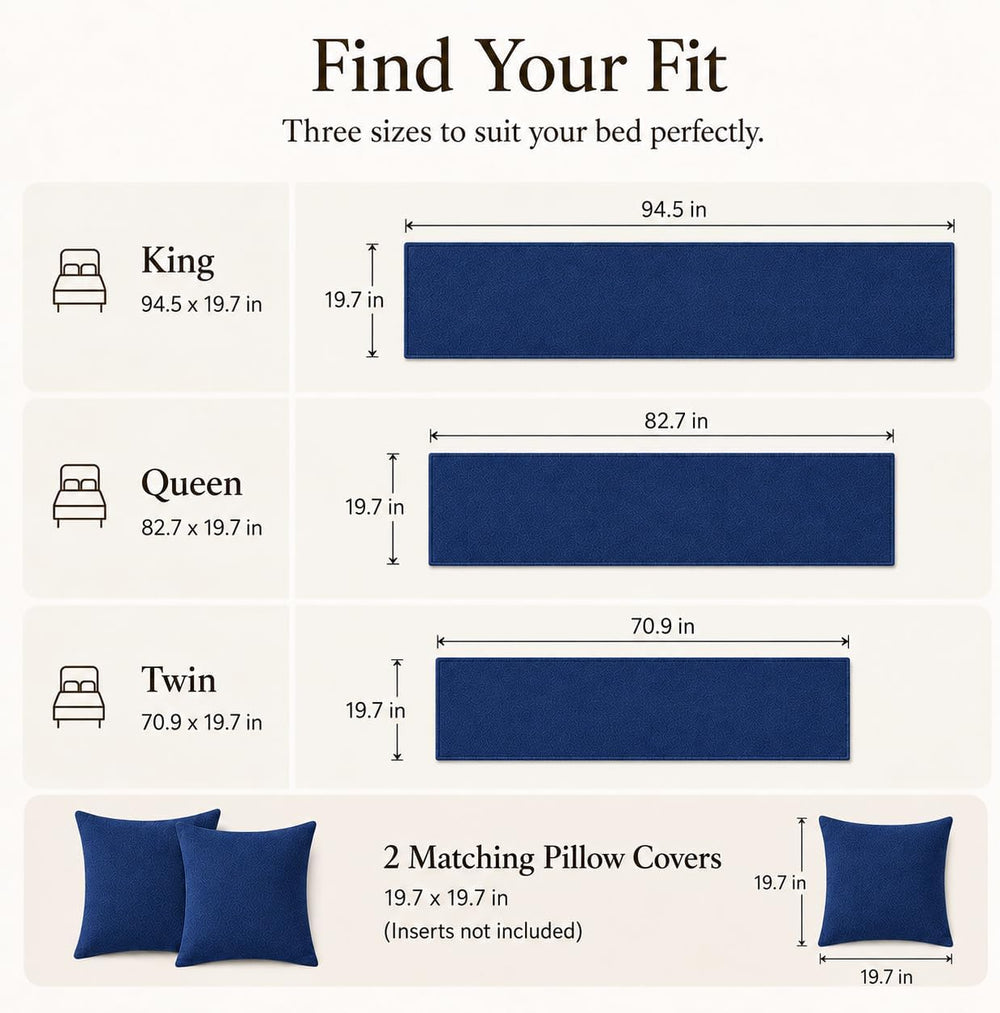 Solid Bed Runner Set,2 Pillow Covers,Navy,94.5x19.7in