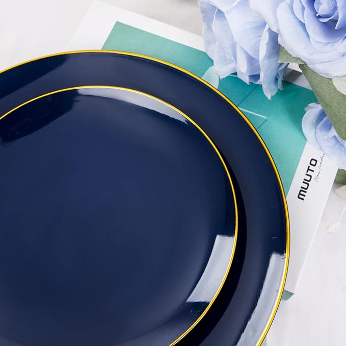 Liacere 150PCS Blue Plastic Plates - Gold Plastic Silverware with Blue Handle - Navy Disposable Plates Include 30 Guests Plates,Forks,Spoons,Knives for Wedding & Party & Halloween