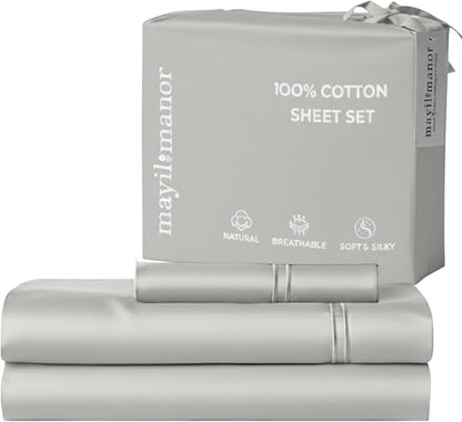 100% Natural Cotton Bed Sheets | 500 TC Single-Ply Sateen Weave Twin XL Sheets by MayilManor